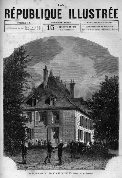 Vue de la maison du président Jules Grévy (1807-1891) à Mont-sous-Vaudrey en Franche-Comté. Un journal. Gravure de 1880 dans « La république illustrée » collection privée - French School
