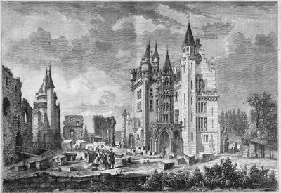 Vue des travaux de restauration du Château de Pierrefonds, organisés par Eugène Viollet-le-Duc, lors de la visite de Napoléon III et de l