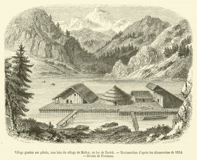 Village gaulois sur pilotis, non loin du village de Meilen, au lac de Zurich - French School