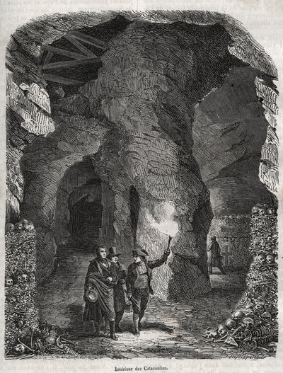 Visite des Catacombes de Paris au XIXe siècle - Gravure dans « Histoire physique, civile et morale de Paris : depuis les premiers temps historiques jusqu
