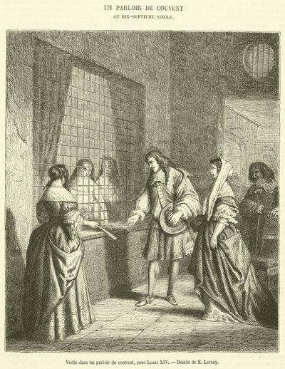 Visite dans un parloir de couvent, sous Louis XIV (gravure) - French School