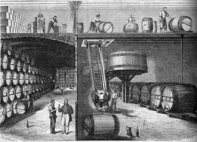 Viticulture : vue intérieure des caves et ateliers de M. P. Morel et F. Sourzac à Bordeaux, Gironde (33) - French School