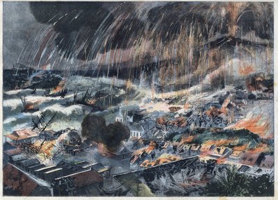 Éruption volcanique de la montagne Pelée en Martinique : le volcan anéantit la ville de Saint-Pierre. Gravure dans « Le Petit Parisien ». - French School