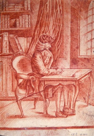 Voltaire (1694-1778) écrivant dans son étude, vers 1765-75 - French School