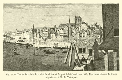 Vue de la pointe de la cité, du cloître et du port Saint-Landry en 1590 - French School