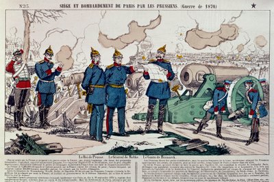 Guerre de 1870 : siège et bombardement de la ville de Paris par les Prussiens. Le roi prussien Guillaume Ier (1797-1888), le général Moltke (1800-1891) et le chancelier Otto von Bismarck (1815-1898) se concertent. Gravure de 1870. Paris, Musée Carnavalet - French School