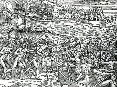 Scène de guerre, Brésil, illustration de "Singularités de la France Antarctique", par André de Thevet, 1558 - French School