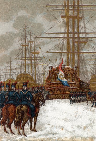 Guerres de la Révolution française : capture de la flotte hollandaise au Helder en Hollande (fin décembre 1794 - début janvier 1795) : la flotte a été prise par la cavalerie du général Pichegru, tandis que la glace empêchait tout mouvement des navires - French School