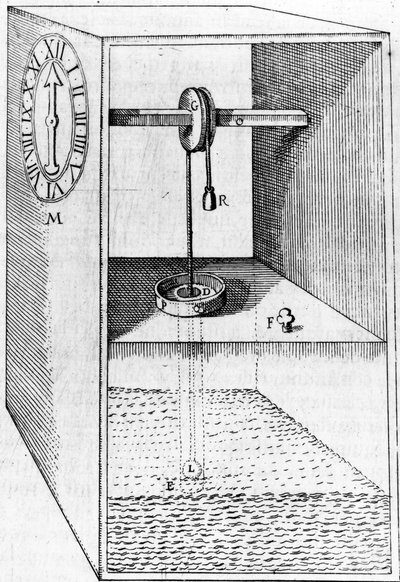 Horloge à eau, illustration de Les Raisons des Forces Mouvantes, par Salomon de Caus, publié en 1615 - French School