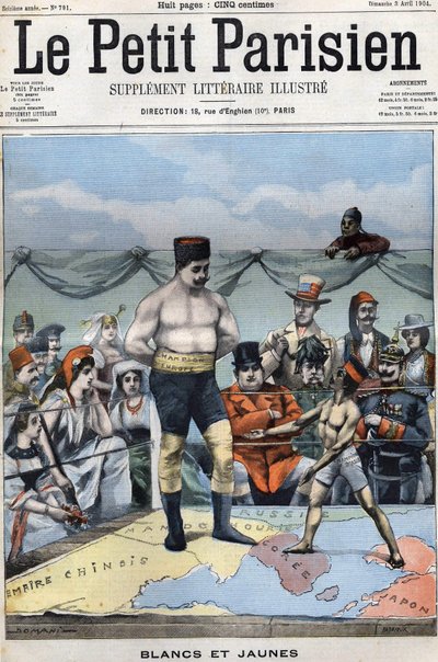 Blanc et Jaune (caricature sur la guerre russo-japonaise: des pays comme la France, les États-Unis, la Chine... regardant le Japon et la Russie boxer). Couverture Le petit Parisien du 3 avril - French School