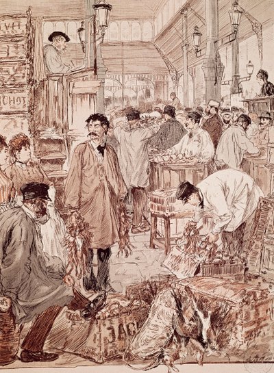 Vente aux enchères de gibier sauvage aux Halles, illustration, Paris, France - French School