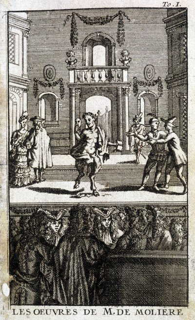 Faune et personnages sur scène avec public - French School