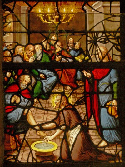 Fenêtre Charnier-7 représentant le Christ lavant les pieds de ses disciples - French School