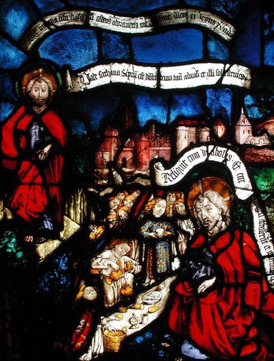 Vitrail représentant le Christ dans le désert servi par des anges - French School