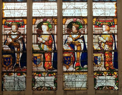 Vitrail représentant Jacques de Bourbon (1315-61) Comte de la Marche, Jeanne de Chatillon-Saint-Pol (d.1371) Jean I de Bourbon (1361-94) et Catherine, Comtesse de Vendôme - French School