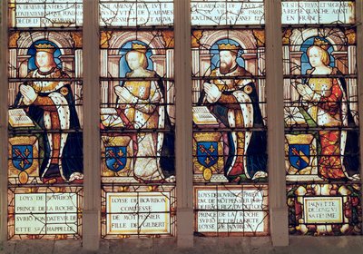 Vitrail représentant Louis de Bourbon (1465-1520) Prince de La Roche-sur-Yon, Louise de Bourbon (d.1561) Comtesse de Montpensier, Louis II de Bourbon (1513-82) Duc de Montpensier et Jacquette de Longwy - French School