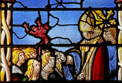 Fenêtre représentant Saint Cler : exorcise un démon de Hasterie - French School