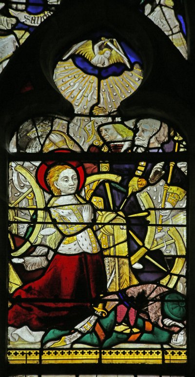 Vitrail représentant Sainte Catherine priant et des anges brisant la roue en jetant des pierres, 1460-70 - French School