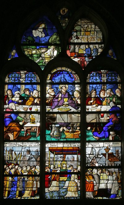 Vitrail représentant la Cène et la procession du Saint-Sacrement - French School