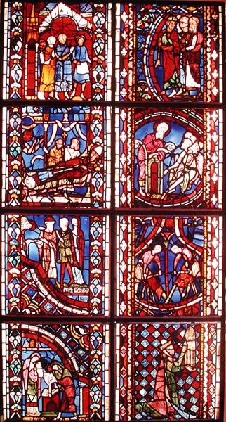 Vitrail représentant la Légende de Saint Nicolas, la Mort de Saint Martin, Saint Jean-Baptiste prêchant dans le désert, Circoncision de Saint Jean-Baptiste, Légende de Saint Étienne, Sermon de Saint Jean - French School