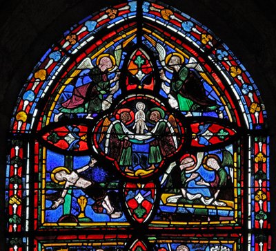 Fenêtre représentant la cinquième section de w7 : la mort de Saint Pierre : son âme monte au ciel - French School