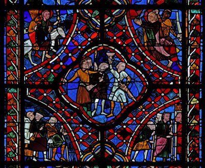 Fenêtre représentant la quatrième section de la fenêtre de Saint Jacques, w5 : Un groupe de pèlerins ; Une scène de la légende de la coupe cachée ; le martyre du Saint - French School