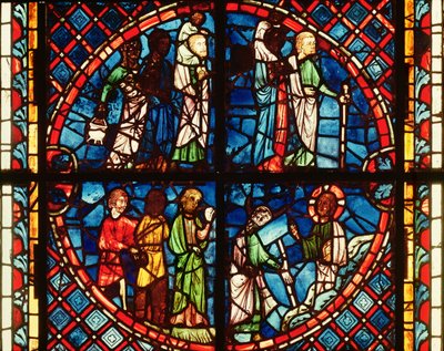 Vitrail de la chapelle de la Vierge représentant les Israélites dans le désert et Moïse sur le mont Sinaï, vers 1240-50 - French School