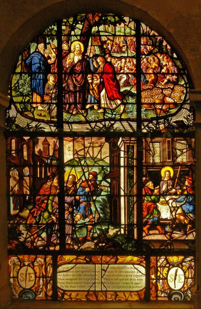 Fenêtre dans le Charnier représentant la Multiplication des pains et la rencontre et le souper à Emmaüs - French School