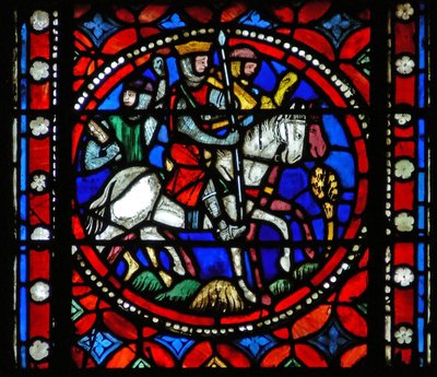 Fenêtre s1-R représentant une scène du voyage de Saint Bonnet à Rome ; les chevaliers reviennent de la bataille - French School