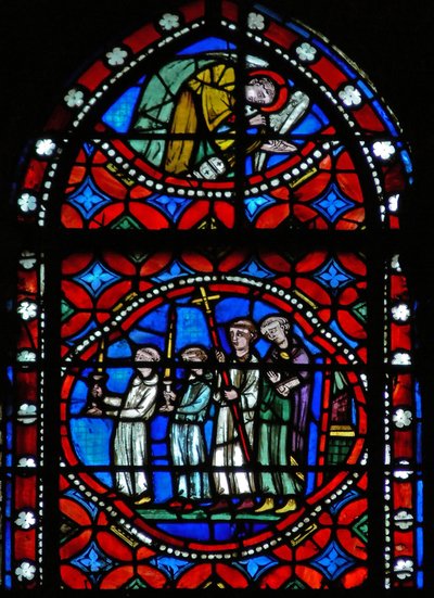 Fenêtre s1-R représentant une scène du voyage de Saint Bonnet à Rome et aventures - French School