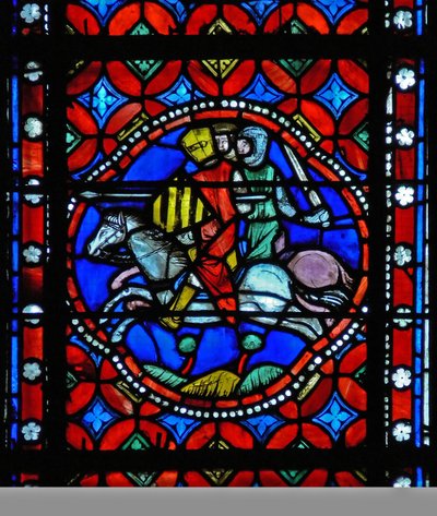 Fenêtre s1-R représentant une scène du voyage de Saint Bonnet à Rome et aventures ; Pavie est assiégée - French School
