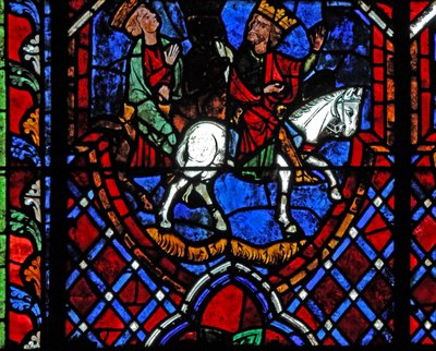 Fenêtre w01 représentant les Mages voyageant en bateau - French School