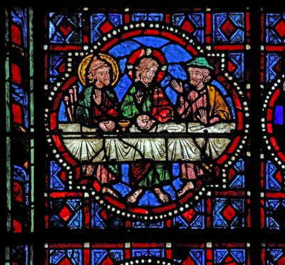 Fenêtre w02 représentant une scène de Résurrection : le souper à Emmaüs - French School