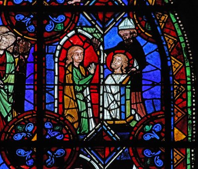 Fenêtre w06 représentant un pèlerin devant la relique de Saint Julien de Brioude - French School
