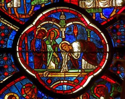 Fenêtre w0 représentant Saint Pierre, Saint Jacques et Saint Jean au Sépulcre de la Résurrection - French School