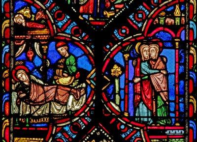 Fenêtre w0 représentant la Nativité et la Visitation - French School