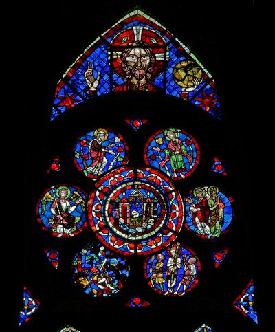 Fenêtre w100 représentant Dieu le Père, le tombeau de la Résurrection et des scènes de la Résurrection - et la flagellation - French School