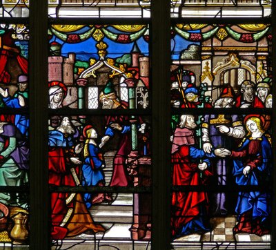 Fenêtre w105 représentant la Vierge Marie - Son mariage ; le Temple - French School