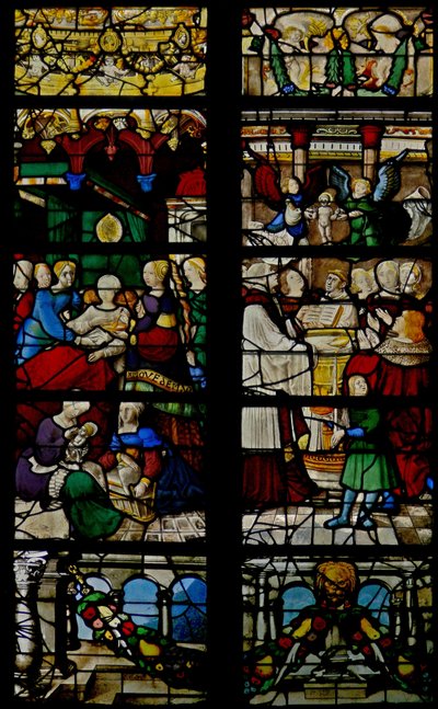 Fenêtre w107 représentant des scènes de la vie de Saint Claude : sa naissance et son baptême - French School