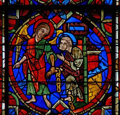 Fenêtre w107a représentant Saint Pierre conduit hors de prison par un ange - French School
