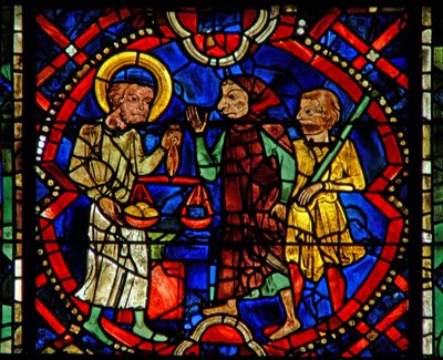 Fenêtre w107b représentant Saint Éloi pesant du métal - French School
