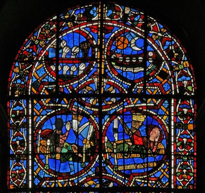 Fenêtre w11-R représentant le rêve de Joseph des soleils, lunes et gerbes de blé se prosternant devant sa gerbe - French School