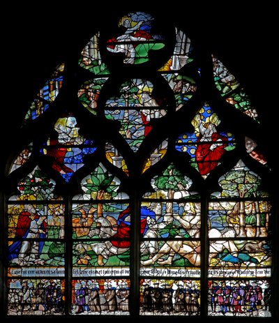 Fenêtre w120 représentant la Création et des membres de la Confrérie de Charité - French School