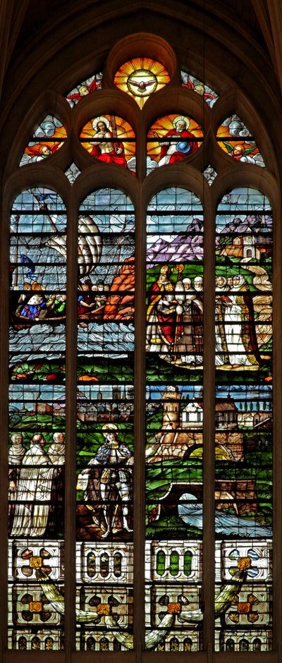 Fenêtre w121 représentant la Trinité ; Louis IX et les Carmélites - French School