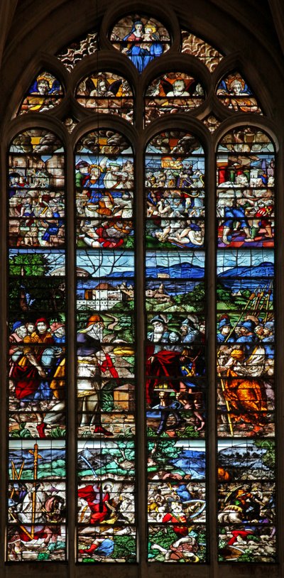 Fenêtre w124 représentant Abraham et Melchisédek ; Saint Jacques en bataille avec les Maures en Espagne ; scènes de la vie de Saint Jacques - French School