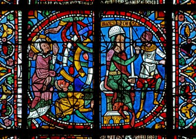 Fenêtre w125 représentant une scène de la vie de Sainte Catherine : Maxence ordonne de la briser sur la roue - French School