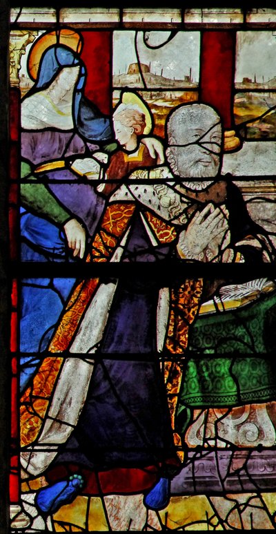 Vitrail w13 représentant Anne de Montmorency avec Sainte Anne enseignant la lecture à la Vierge - French School