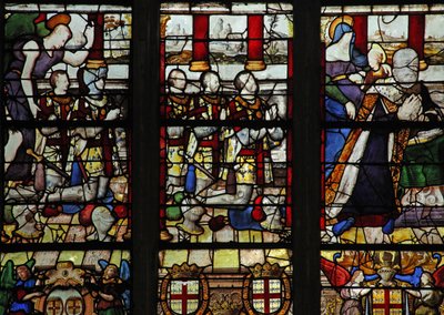 Vitrail w13 représentant Anne de Montmorency avec son saint patron Sainte Anne (enseignant la lecture à la Vierge) et 5 de ses fils - French School