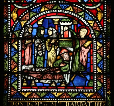 Fenêtre w13 - Le repas chez Simon. Marie-Madeleine lave les pieds du Christ - French School