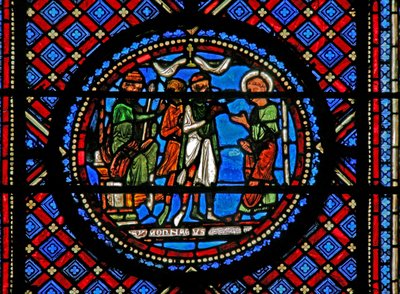 Fenêtre w14 représentant Simon le Magicien et Saint Pierre devant Hérode - French School